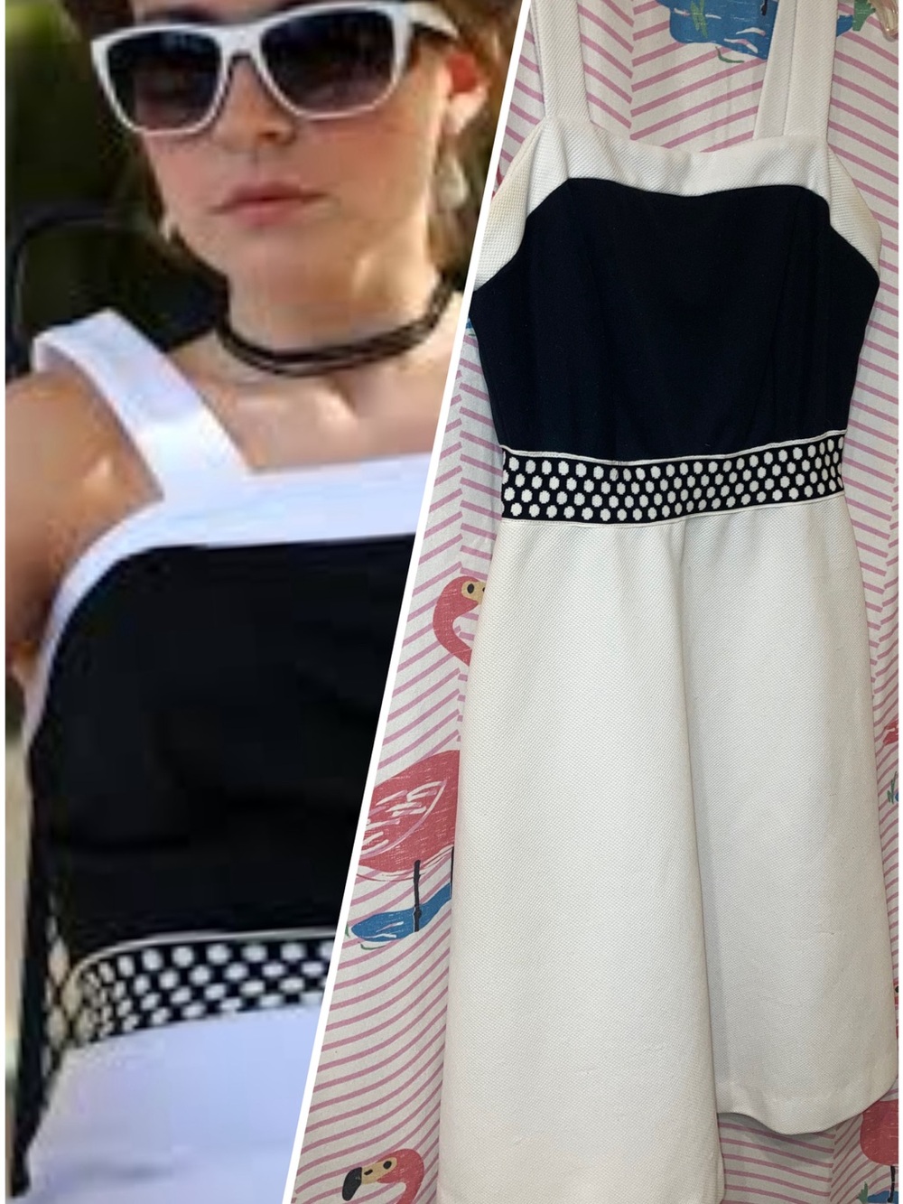 Handmade vintage White and Black Contrast Midi Dress with Polka-Dot Waist